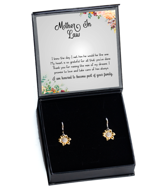 Gift For Mother In Law, From Daughter In Law, Grateful To Be Part Of The Family - .925 Sterling Silver Sunflower Earrings With Thank You Message Card