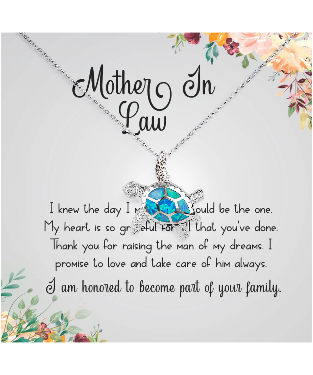 Gift For Mother In Law, From Daughter In Law, Grateful To Be Part Of The Family - .925 Sterling Silver Opal Turtle Necklace With Thank You Message Card