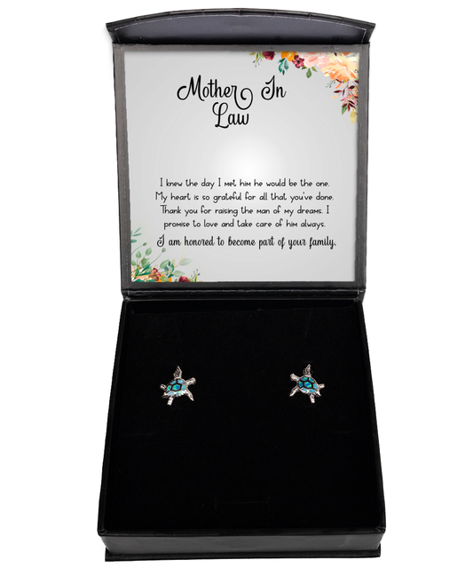 Gift For Mother In Law, From Daughter In Law, Grateful To Be Part Of The Family - .925 Sterling Silver Opal Turtle Earrings With Thank You Message Card