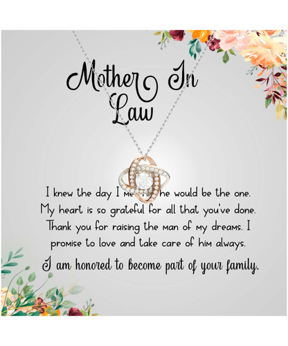 Gift For Mother In Law, From Daughter In Law, Grateful To Be Part Of The Family - .925 Sterling Silver Love Knot Rose Gold Necklace With Thank You Message Card