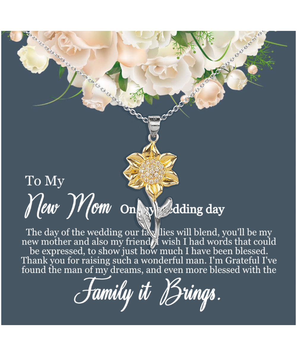 To My New Mom, Mom In Law Wedding Gift From Bride, Jewelry For Mother of the Groom - .925 Sterling Silver Sunflower Pendant Necklace With Heartfelt Message Card