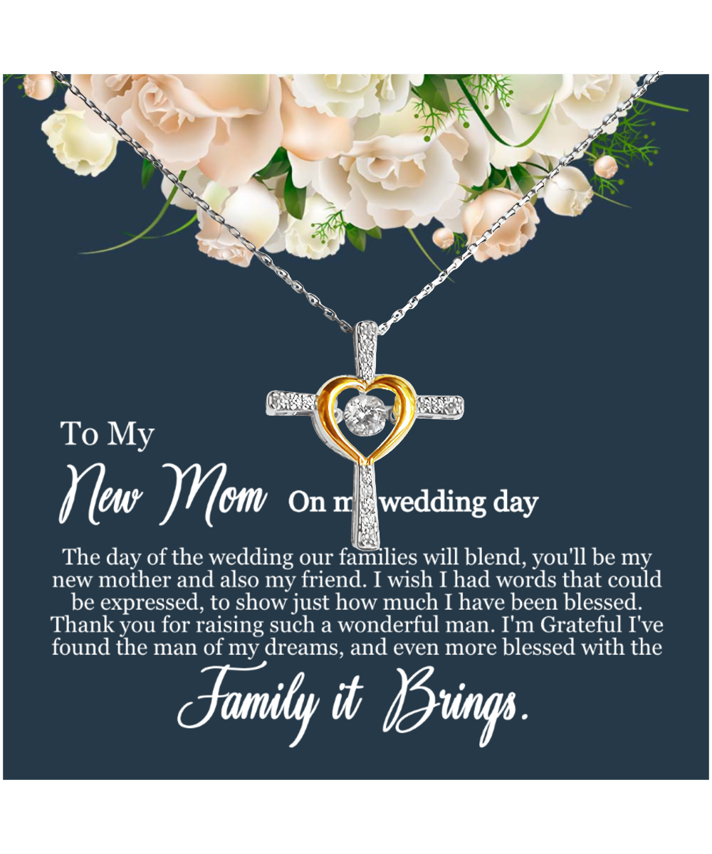 To My New Mom, Mom In Law Wedding Gift From Bride, Jewelry For Mother of the Groom - .925 Sterling Silver Cross Dancing Necklace With Heartfelt Message Card