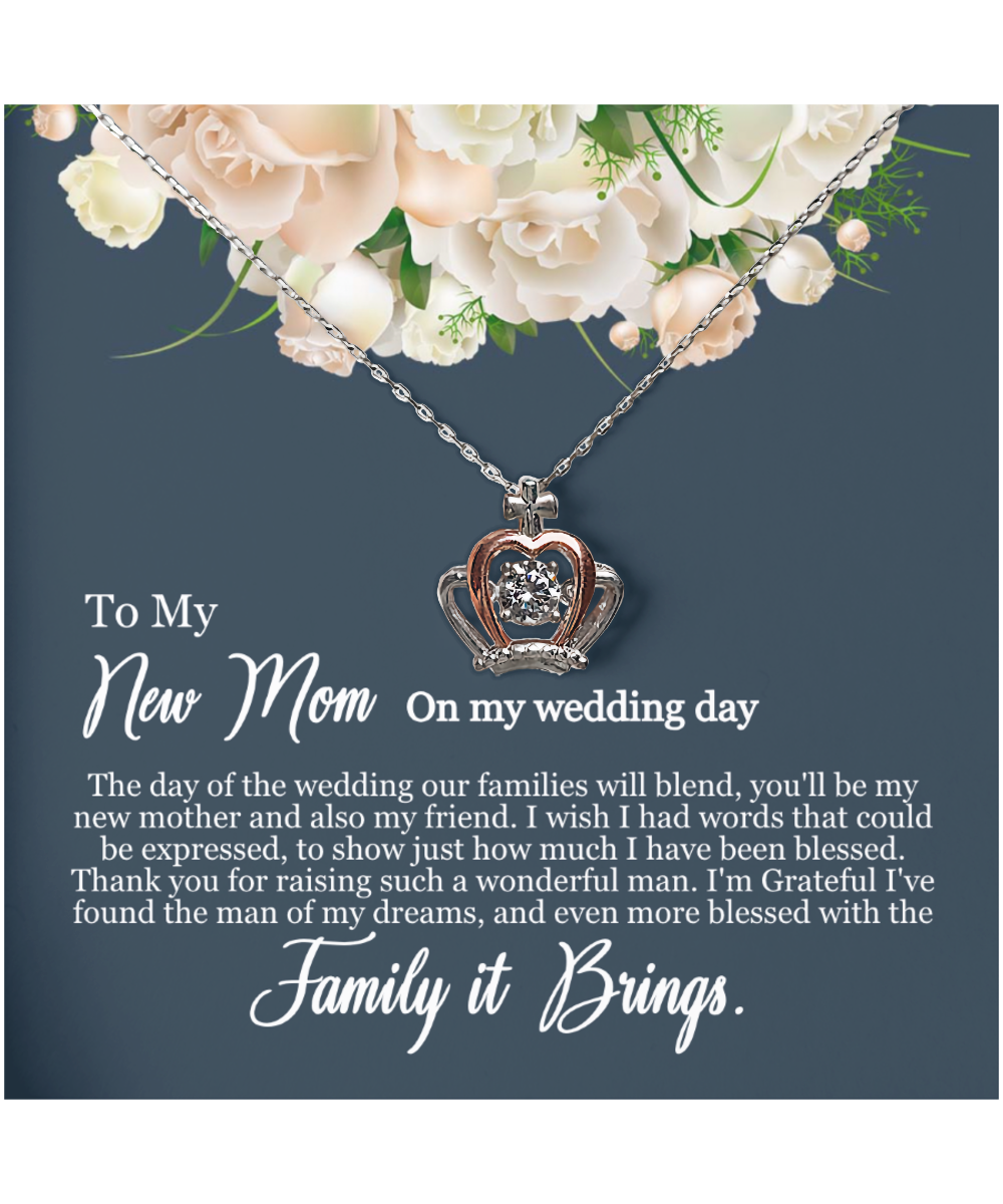 To My New Mom, Mom In Law Wedding Gift From Bride, Jewelry For Mother of the Groom - .925 Sterling Silver Crown Pendant Necklace With Heartfelt Message Card