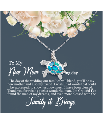 To My New Mom, Mom In Law Wedding Gift From Bride, Jewelry For Mother of the Groom - .925 Sterling Silver Opal Turtle Necklace With Heartfelt Message Card