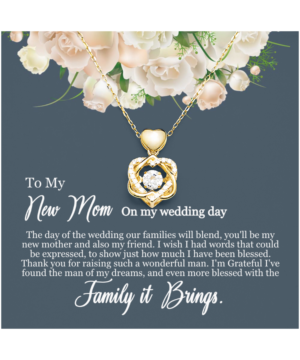 To My New Mom, Mom In Law Wedding Gift From Bride, Jewelry For Mother of the Groom - Heart Knot Gold Necklace With Heartfelt Message Card