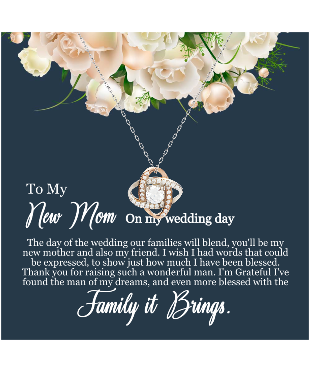 To My New Mom, Mom In Law Wedding Gift From Bride, Jewelry For Mother of the Groom - .925 Sterling Silver Love Knot Rose Gold Necklace With Heartfelt Message Card