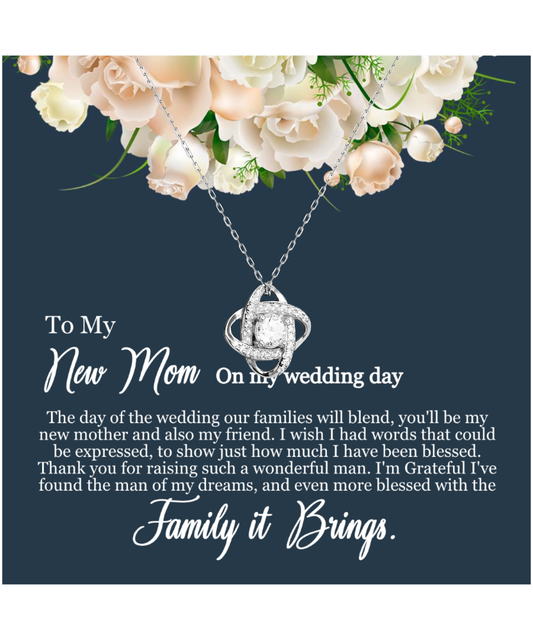 To My New Mom, Mom In Law Wedding Gift From Bride, Jewelry For Mother of the Groom - .925 Sterling Silver Love Knot Silver Necklace With Heartfelt Message Card