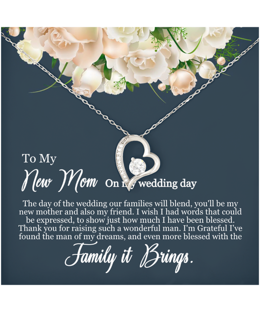 To My New Mom, Mom In Law Wedding Gift From Bride, Jewelry For Mother of the Groom - .925 Sterling Silver Heart Solitaire Crystal Necklace With Heartfelt Message Card