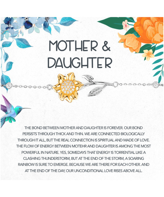 Mother Daughter Gift Ideas, Mother To Daughter, The Bond Between Mother And Daughter is Forever - .925 Sterling Silver Sunflower Bracelet With Message Card