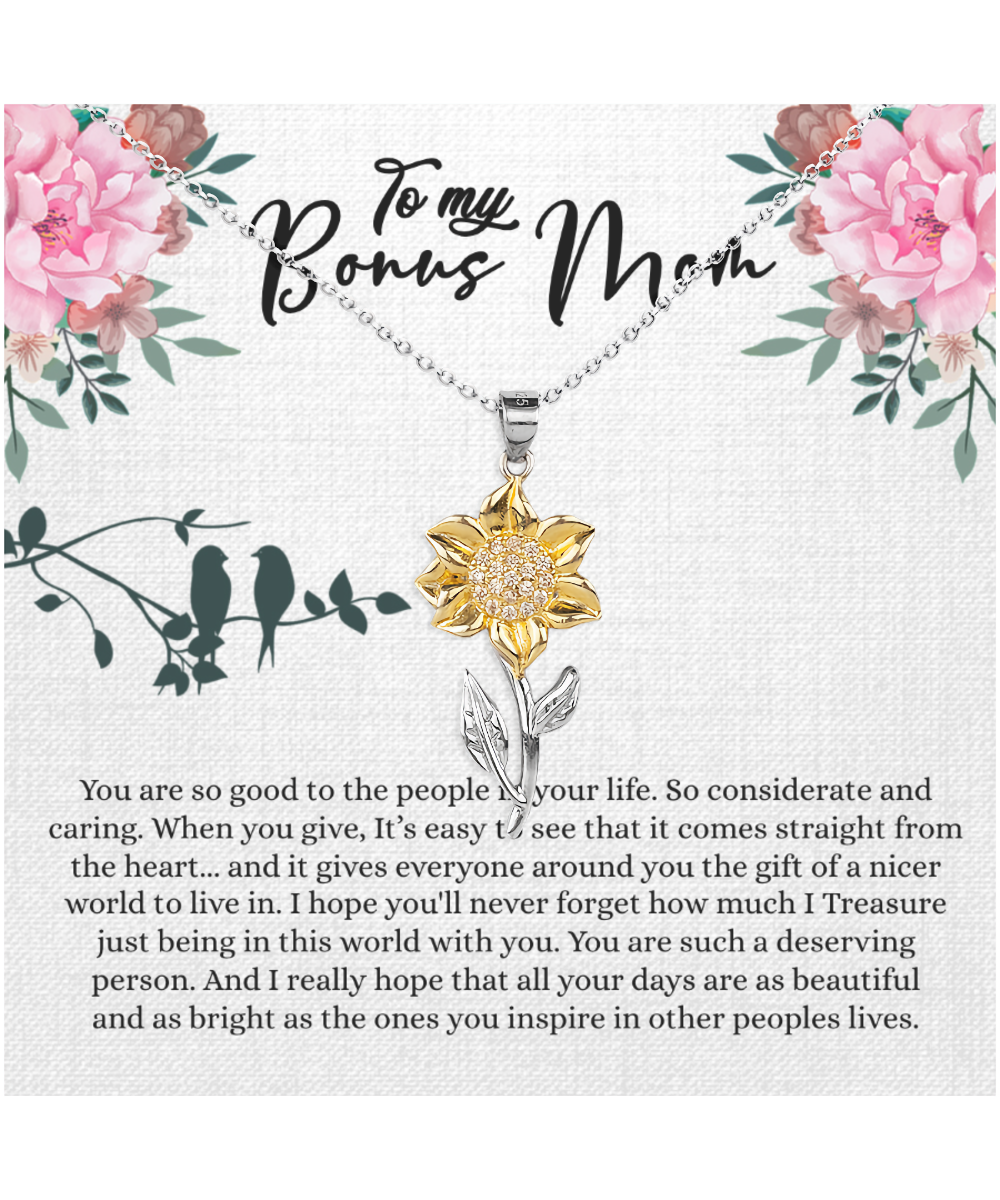 Bonus Mom Gift For Mothers Day, Bonus Mom Necklace, I Treasure Being With You - .925 Sterling Silver Sunflower Pendant Necklace With Inspiring Message Card