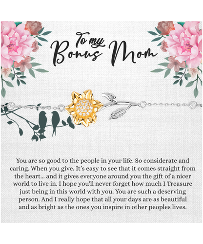 Bonus Mom Gift For Mothers Day, Bonus Mom Necklace, I Treasure Being With You - .925 Sterling Silver Sunflower Bracelet With Inspiring Message Card