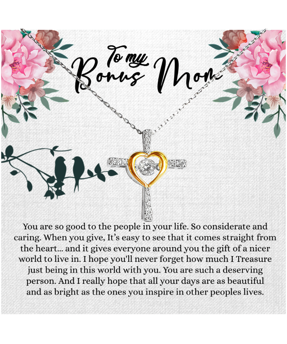 Bonus Mom Gift For Mothers Day, Bonus Mom Necklace, I Treasure Being With You - .925 Sterling Silver Cross Dancing Necklace With Inspiring Message Card