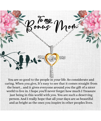 Bonus Mom Gift For Mothers Day, Bonus Mom Necklace, I Treasure Being With You - .925 Sterling Silver Cross Dancing Necklace With Inspiring Message Card