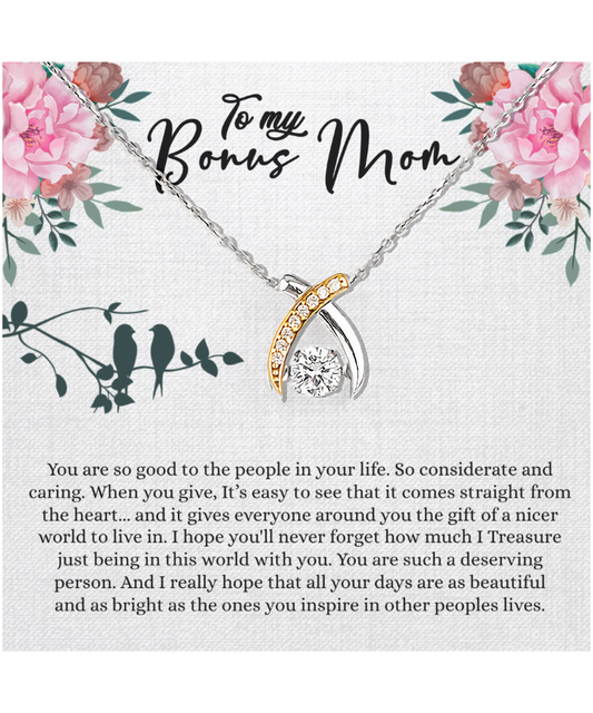 Bonus Mom Gift For Mothers Day, Bonus Mom Necklace, I Treasure Being With You - .925 Sterling Silver Wishbone Dancing Necklace With Inspiring Message Card