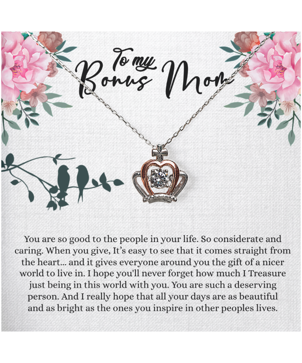 Bonus Mom Gift For Mothers Day, Bonus Mom Necklace, I Treasure Being With You - .925 Sterling Silver Crown Pendant Necklace With Inspiring Message Card