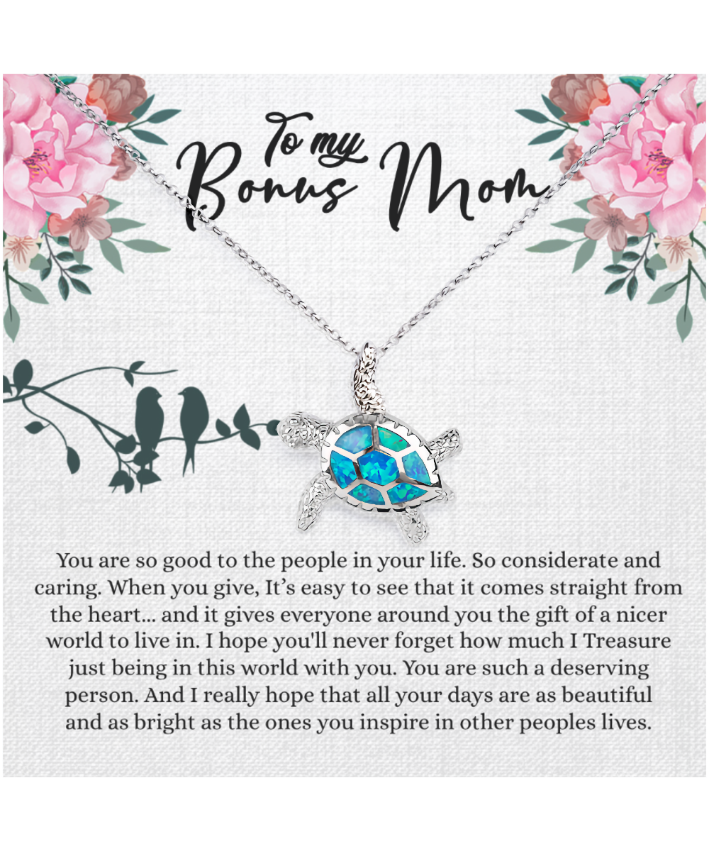 Bonus Mom Gift For Mothers Day, Bonus Mom Necklace, I Treasure Being With You - .925 Sterling Silver Opal Turtle Necklace With Inspiring Message Card