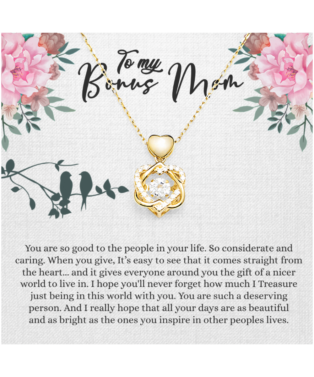 Bonus Mom Gift For Mothers Day, Bonus Mom Necklace, I Treasure Being With You - Heart Knot Gold Necklace With Inspiring Message Card