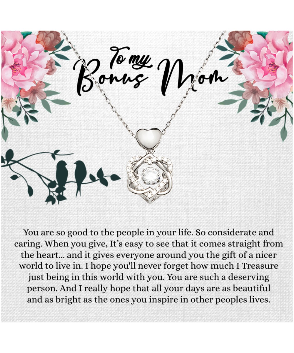 Bonus Mom Gift For Mothers Day, Bonus Mom Necklace, I Treasure Being With You - .925 Sterling Silver Heart Knot Silver Necklace With Inspiring Message Card