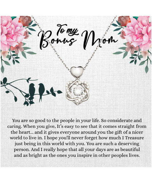 Bonus Mom Gift For Mothers Day, Bonus Mom Necklace, I Treasure Being With You - .925 Sterling Silver Heart Knot Silver Necklace With Inspiring Message Card