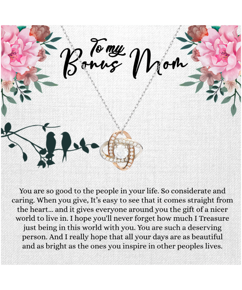 Bonus Mom Gift For Mothers Day, Bonus Mom Necklace, I Treasure Being With You - .925 Sterling Silver Love Knot Rose Gold Necklace With Inspiring Message Card