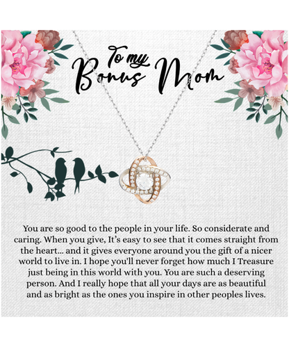 Bonus Mom Gift For Mothers Day, Bonus Mom Necklace, I Treasure Being With You - .925 Sterling Silver Love Knot Rose Gold Necklace With Inspiring Message Card