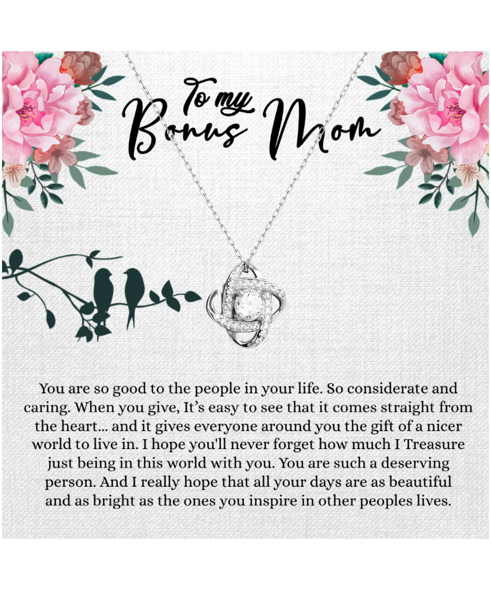 Bonus Mom Gift For Mothers Day, Bonus Mom Necklace, I Treasure Being With You - .925 Sterling Silver Love Knot Silver Necklace With Inspiring Message Card