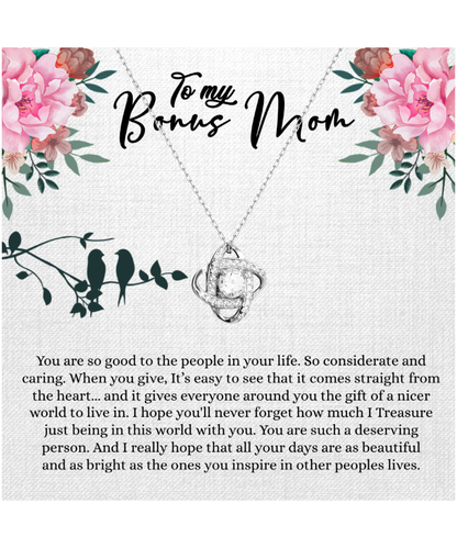 Bonus Mom Gift For Mothers Day, Bonus Mom Necklace, I Treasure Being With You - .925 Sterling Silver Love Knot Silver Necklace With Inspiring Message Card