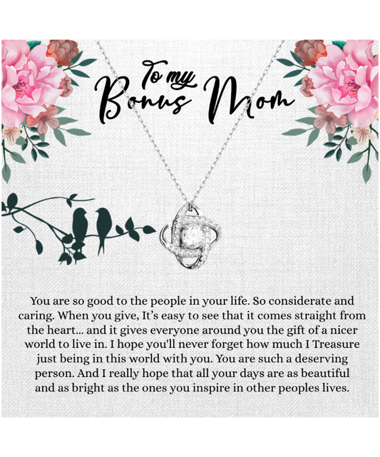 Bonus Mom Gift For Mothers Day, Bonus Mom Necklace, I Treasure Being With You - .925 Sterling Silver Love Knot Silver Necklace With Inspiring Message Card