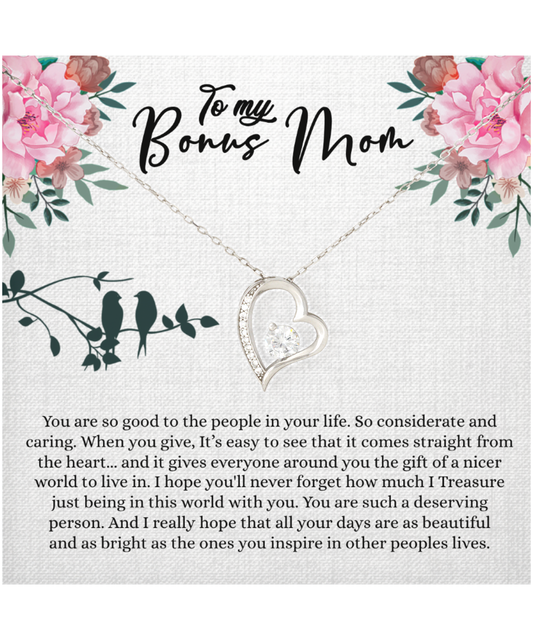 Bonus Mom Gift For Mothers Day, Bonus Mom Necklace, I Treasure Being With You - .925 Sterling Silver Heart Solitaire Crystal Necklace With Inspiring Message Card