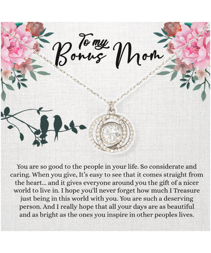 Bonus Mom Gift For Mothers Day, Bonus Mom Necklace, I Treasure Being With You - .925 Sterling Silver Double Crystal Circle Necklace With Inspiring Message Card