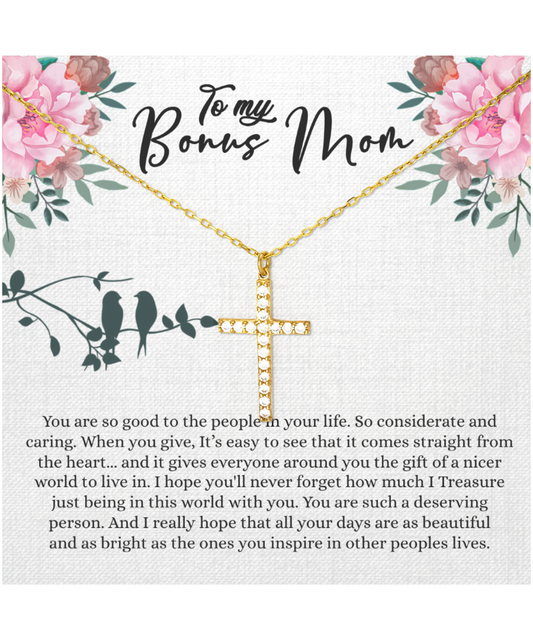 Bonus Mom Gift For Mothers Day, Bonus Mom Necklace, I Treasure Being With You - Crystal Gold Cross Necklace With Inspiring Message Card