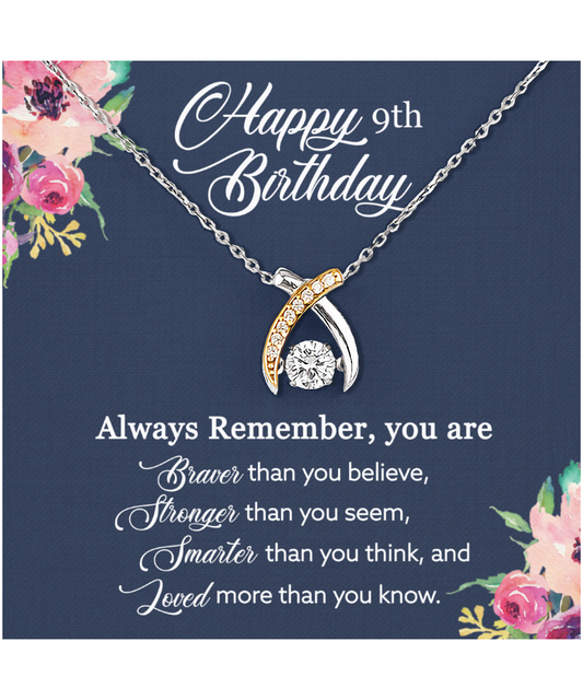 Happy 9th Birthday, Birthday Gift For Girls, 9th Birthday Gift, You Are Braver And Loved - .925 Sterling Silver Wishbone Dancing Necklace With Birthday Greeting Card