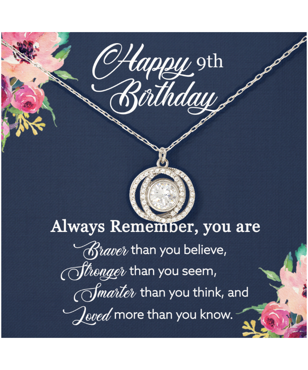 Happy 9th Birthday, Birthday Gift For Girls, 9th Birthday Gift, You Are Braver And Loved - .925 Sterling Silver Double Crystal Circle Necklace With Birthday Greeting Card