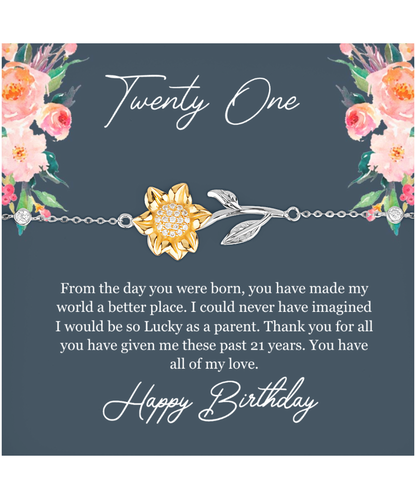 Twenty One Birthday, 21st Birthday, Birthday Gift For Her, You Have All Of My Love - .925 Sterling Silver Sunflower Bracelet With Birthday Greeting Card