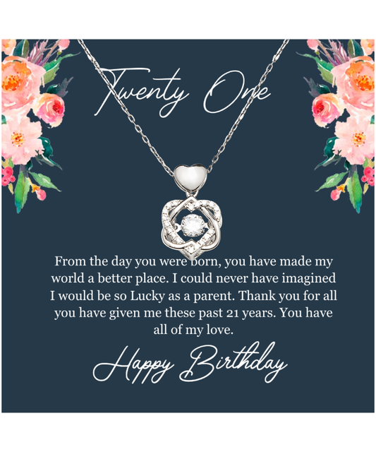 Twenty One Birthday, 21st Birthday, Birthday Gift For Her, You Have All Of My Love - .925 Sterling Silver Heart Knot Silver Necklace With Birthday Greeting Card