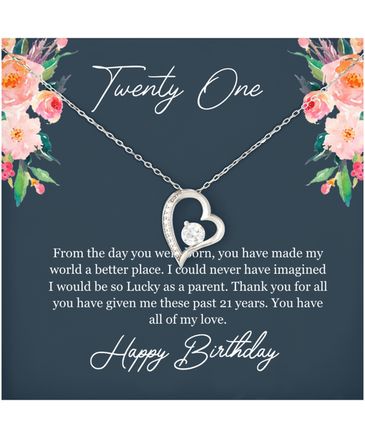 Twenty One Birthday, 21st Birthday, Birthday Gift For Her, You Have All Of My Love - .925 Sterling Silver Heart Solitaire Crystal Necklace With Birthday Greeting Card