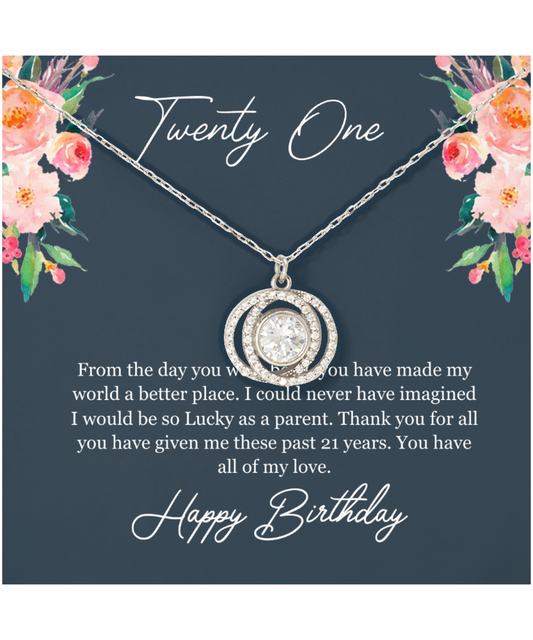 Twenty One Birthday, 21st Birthday, Birthday Gift For Her, You Have All Of My Love - .925 Sterling Silver Double Crystal Circle Necklace With Birthday Greeting Card