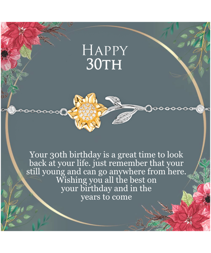 30th Birthday For Her, 30th Birthday Gift Ideas, Happy 30th, Wishing You All The Best - .925 Sterling Silver Sunflower Bracelet With Birthday Greeting Card