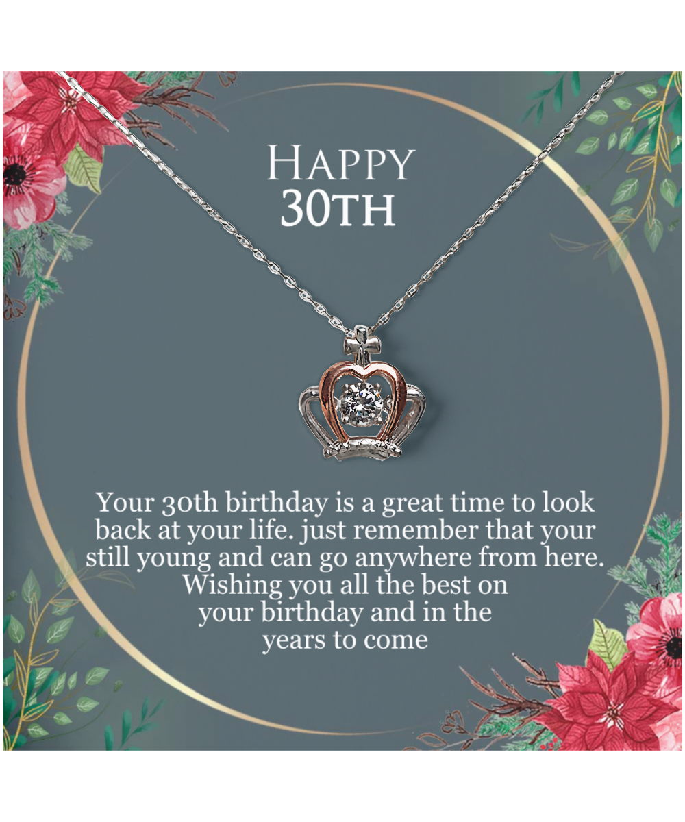 30th Birthday For Her, 30th Birthday Gift Ideas, Happy 30th, Wishing You All The Best - .925 Sterling Silver Crown Pendant Necklace With Birthday Greeting Card