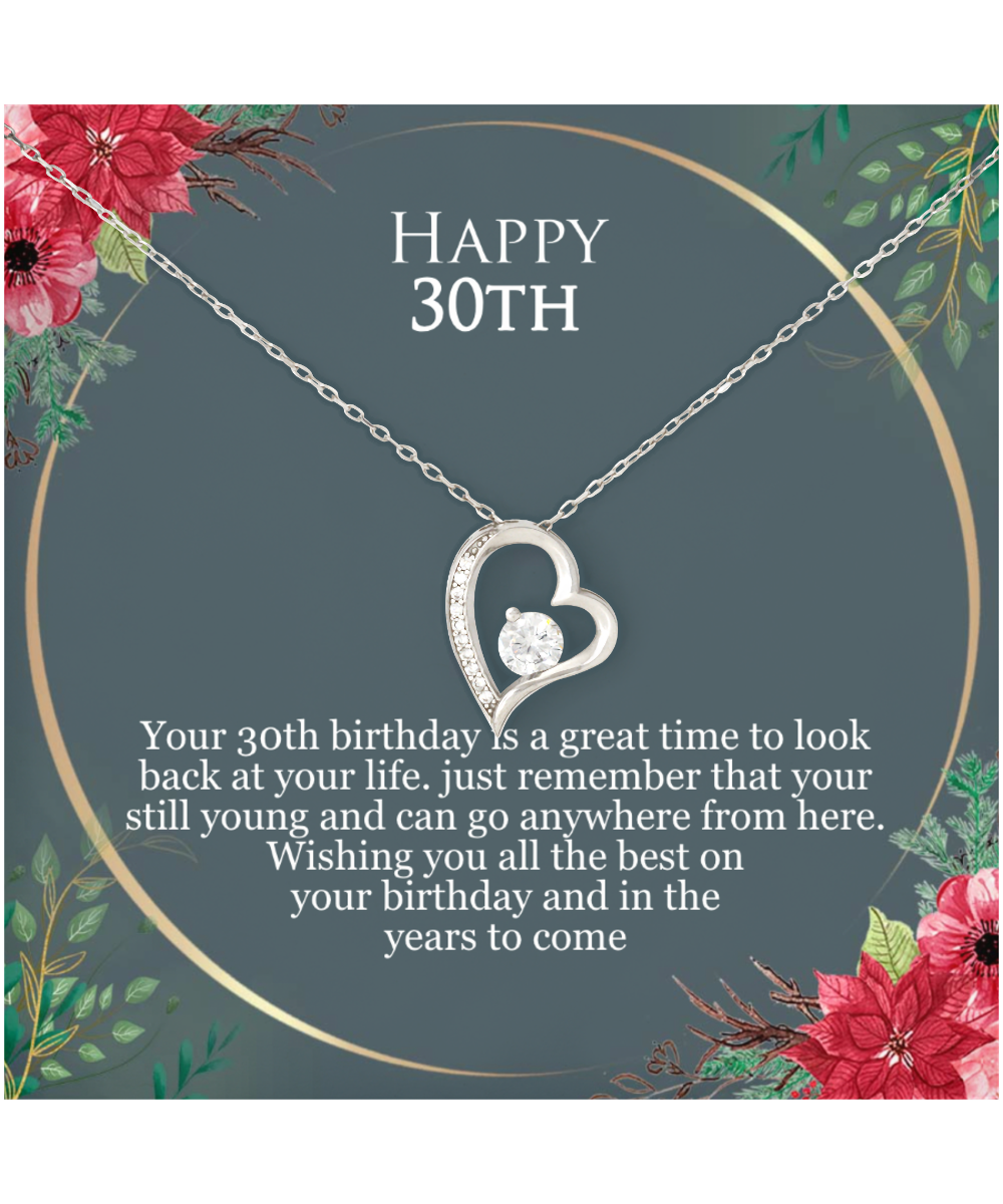 30th Birthday For Her, 30th Birthday Gift Ideas, Happy 30th, Wishing You All The Best - .925 Sterling Silver Heart Solitaire Crystal Necklace With Birthday Greeting Card