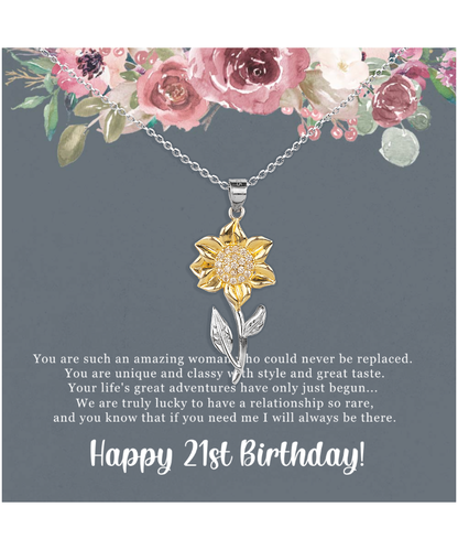 Birthday Gift For Her, Happy 21st Birthday, 21st Birthday, You Are Such An Amazing Woman - .925 Sterling Silver Sunflower Pendant Necklace With Sweet Greeting Card