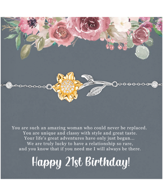 Birthday Gift For Her, Happy 21st Birthday, 21st Birthday, You Are Such An Amazing Woman - .925 Sterling Silver Sunflower Bracelet With Sweet Greeting Card