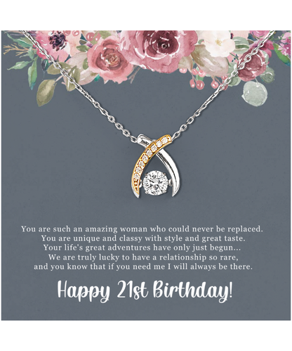 Birthday Gift For Her, Happy 21st Birthday, 21st Birthday, You Are Such An Amazing Woman - .925 Sterling Silver Wishbone Dancing Necklace With Sweet Greeting Card