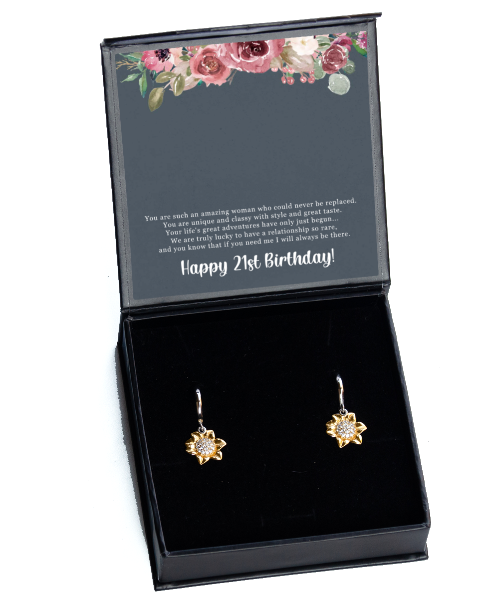 Birthday Gift For Her, Happy 21st Birthday, 21st Birthday, You Are Such An Amazing Woman - .925 Sterling Silver Sunflower Earrings With Sweet Greeting Card