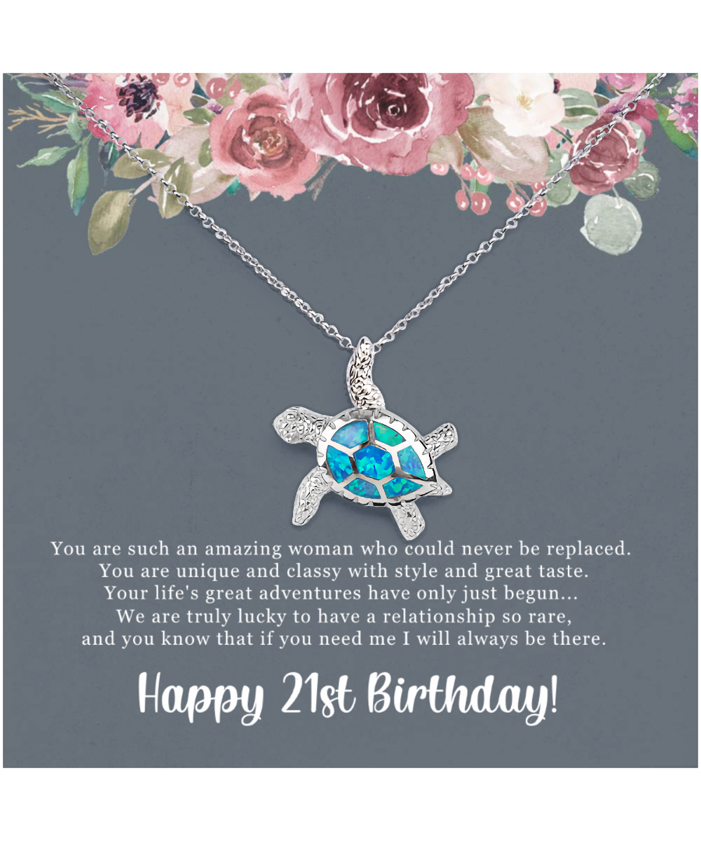 Birthday Gift For Her, Happy 21st Birthday, 21st Birthday, You Are Such An Amazing Woman - .925 Sterling Silver Opal Turtle Necklace With Sweet Greeting Card