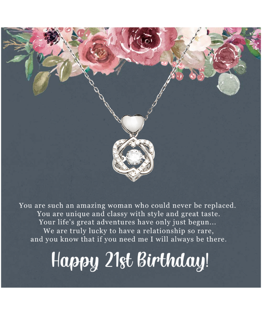 Birthday Gift For Her, Happy 21st Birthday, 21st Birthday, You Are Such An Amazing Woman - .925 Sterling Silver Heart Knot Silver Necklace With Sweet Greeting Card