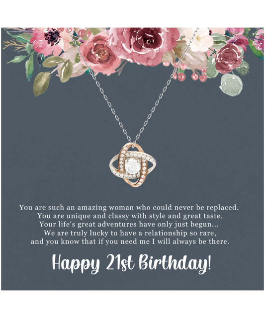 Birthday Gift For Her, Happy 21st Birthday, 21st Birthday, You Are Such An Amazing Woman - .925 Sterling Silver Love Knot Rose Gold Necklace With Sweet Greeting Card