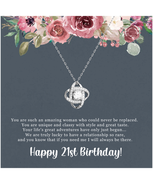 Birthday Gift For Her, Happy 21st Birthday, 21st Birthday, You Are Such An Amazing Woman - .925 Sterling Silver Love Knot Silver Necklace With Sweet Greeting Card