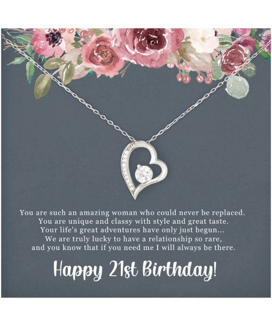 Birthday Gift For Her, Happy 21st Birthday, 21st Birthday, You Are Such An Amazing Woman - .925 Sterling Silver Heart Solitaire Crystal Necklace With Sweet Greeting Card