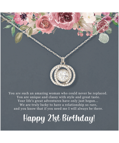 Birthday Gift For Her, Happy 21st Birthday, 21st Birthday, You Are Such An Amazing Woman - .925 Sterling Silver Double Crystal Circle Necklace With Sweet Greeting Card